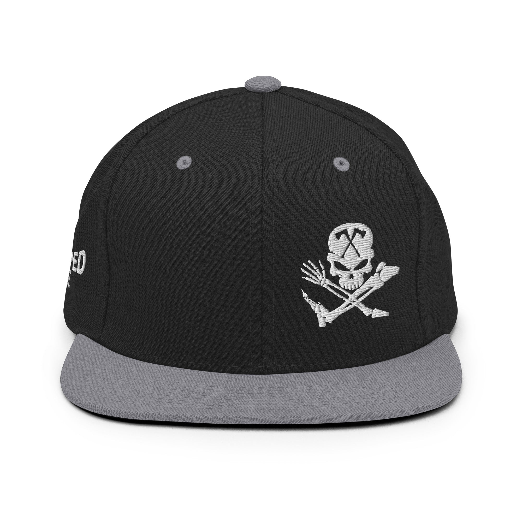 Skull and Limbs - Snapback Flat Brim Hat, Black w/Grey Brim