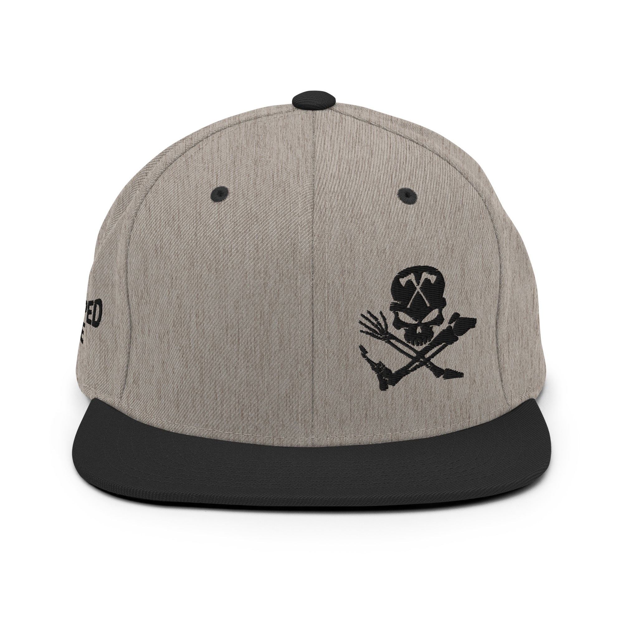 Skull and Limbs - Snapback Flat Brim Hat, Heather Grey w/Black Brim