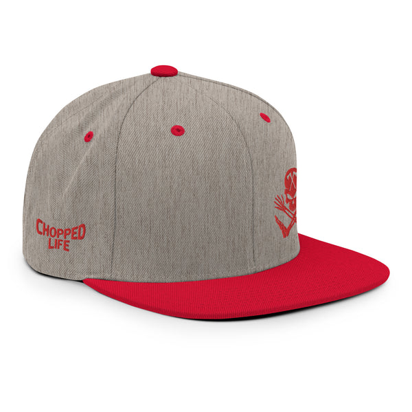 Skull and Limbs - Snapback Flat Brim Hat, Heather Grey w/Red Brim